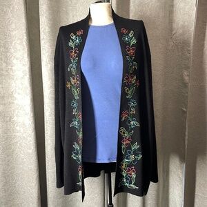 Women’s 2X Black Floral Embroidered “Silk Assets Open Front Cardigan